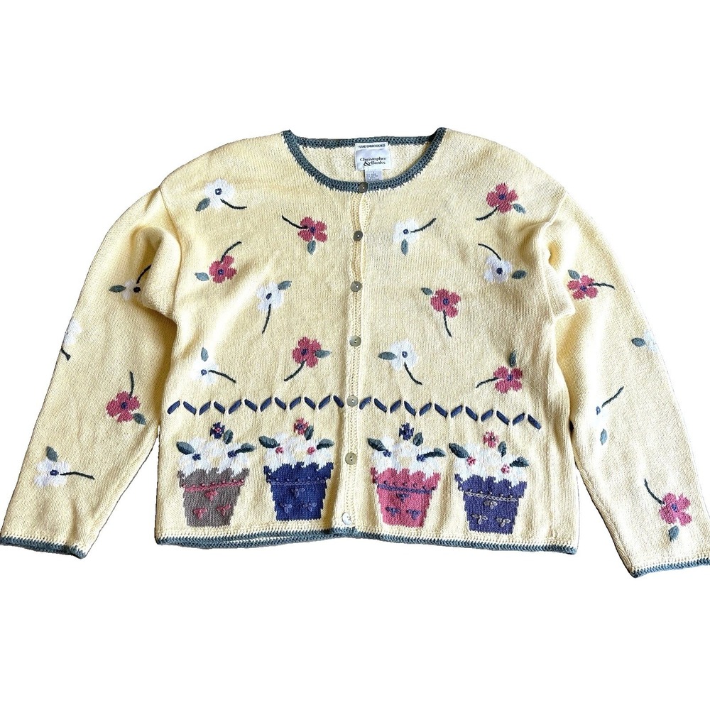 Vintage Butter Yellow Flower Cardigan L Hand Embroidered Buttons Spring Teacher*